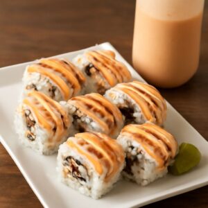Spicy sushi sauce and orange sushi sauce on sushi rolls