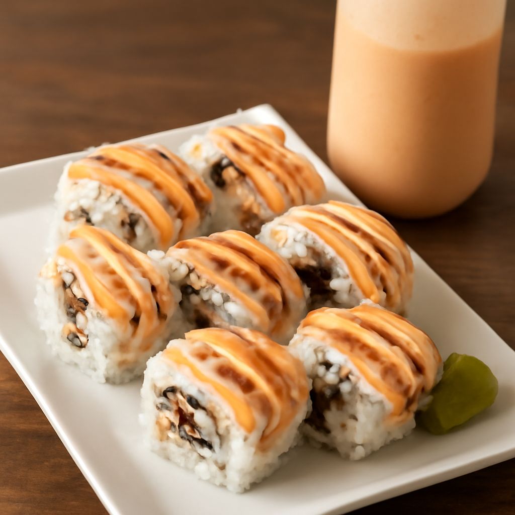 Spicy sushi sauce and orange sushi sauce on sushi rolls