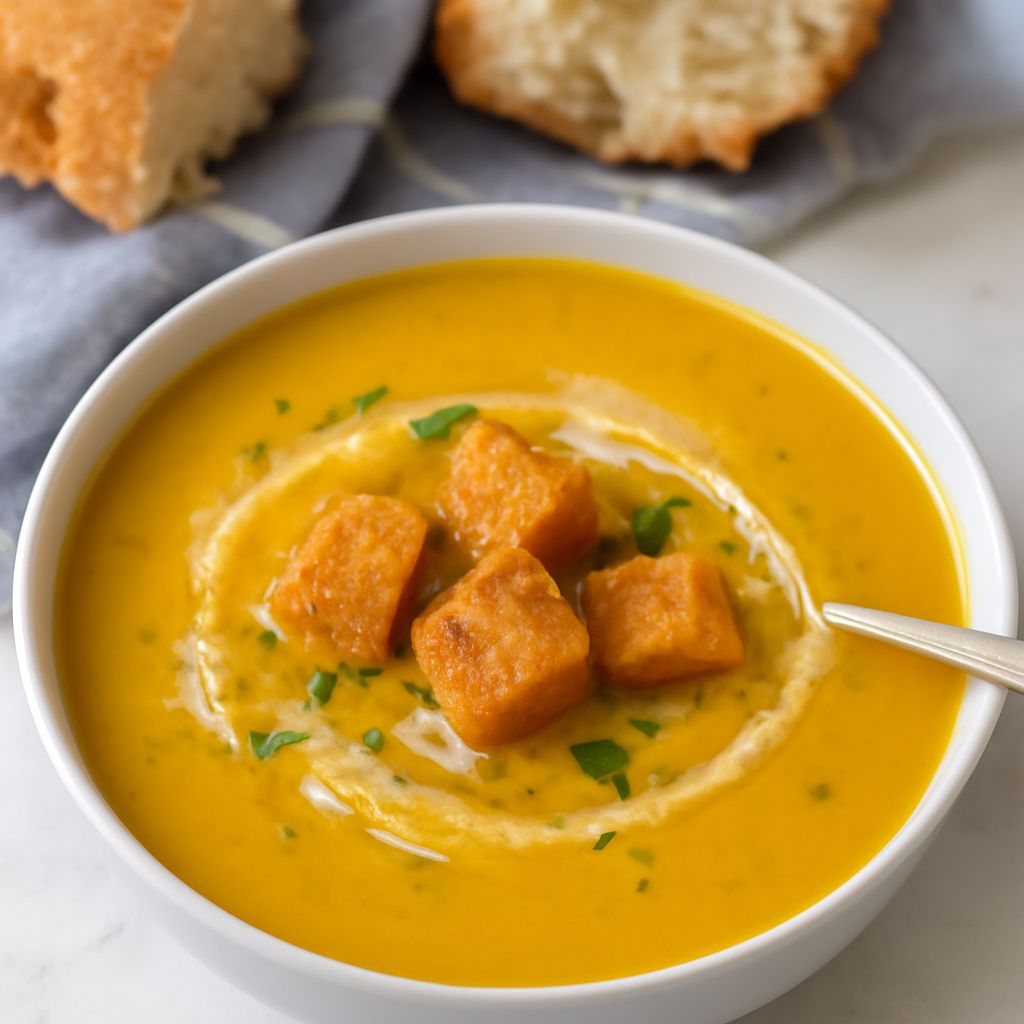 A steaming bowl of butternut squash and carrot soup with fresh ingredients