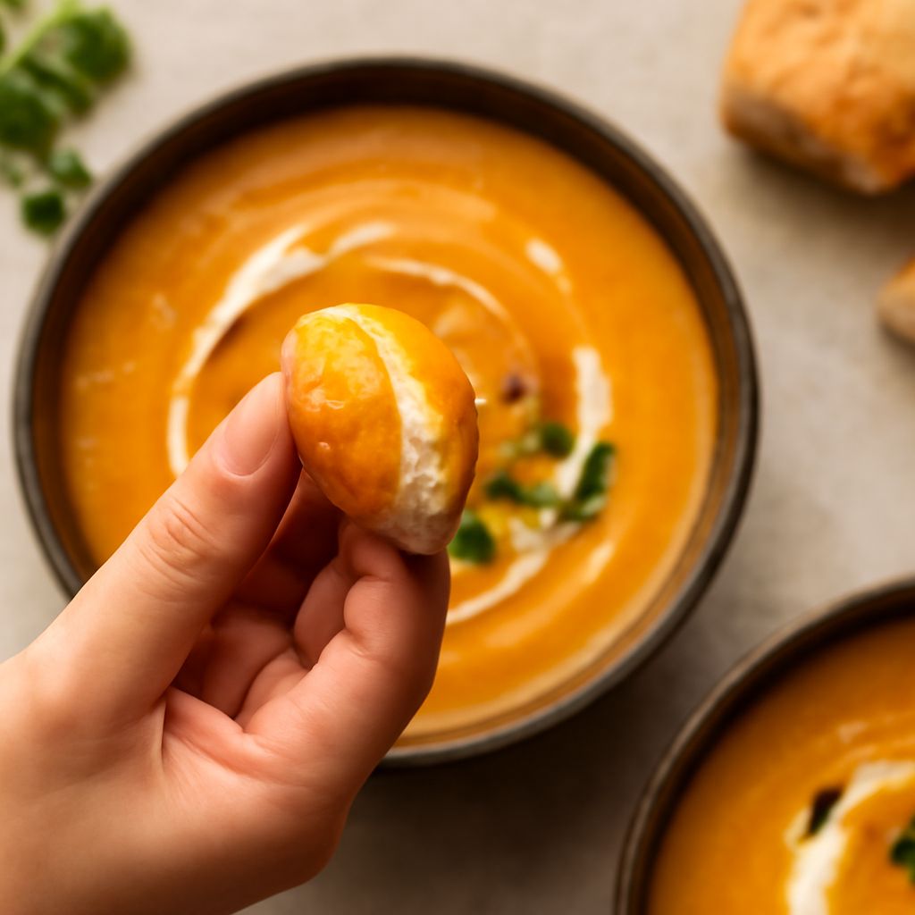 A bowl of sweet potato carrot ginger soup with vibrant carrot and sweet potato colors