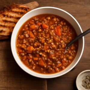 A bowl of Greek lentil soup with chunky tomato sauce and Greek red sauce