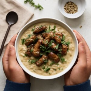 Delicious rice and cream of mushroom soup with a bowl of mushroom and rice soup