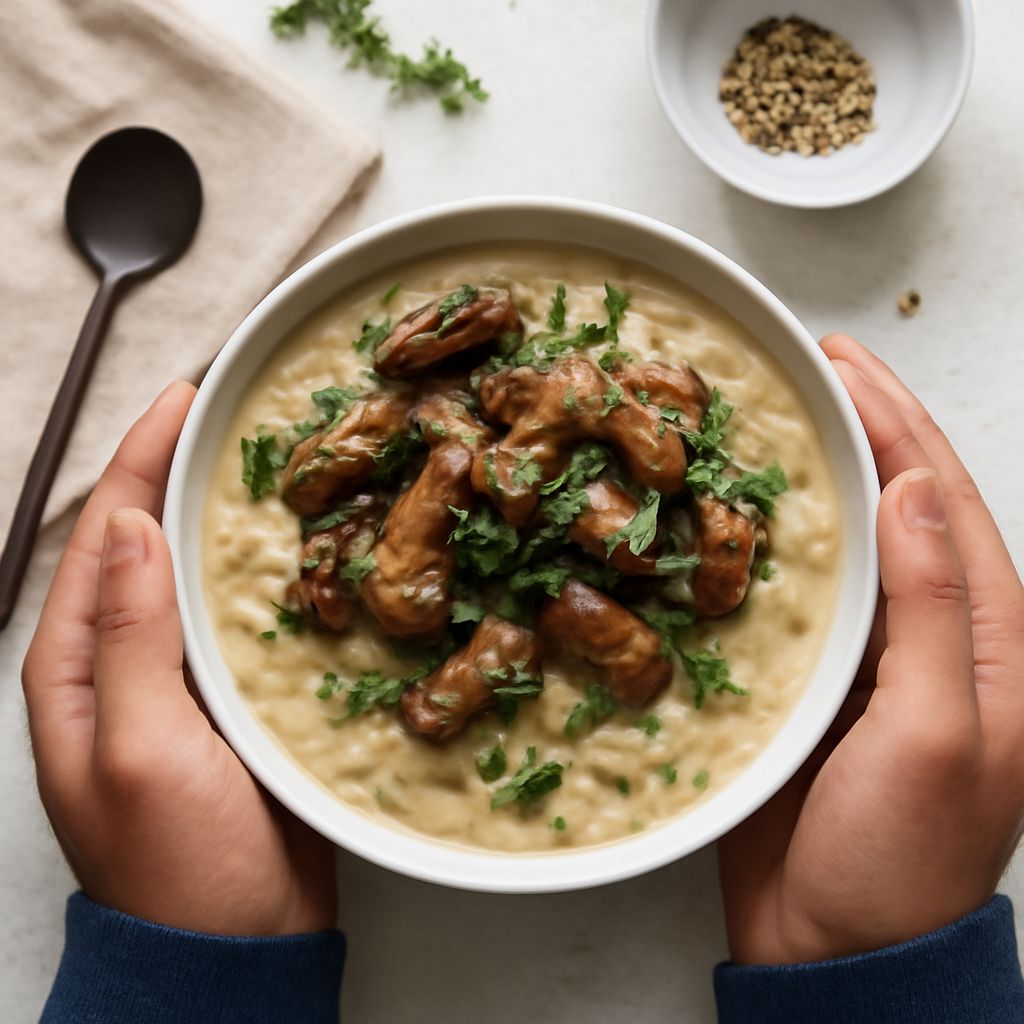Delicious rice and cream of mushroom soup with a bowl of mushroom and rice soup