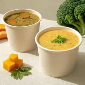 Soup tureen with ladle and chicken soup with ginger