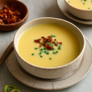 A delicious crock pot sweet potato leek soup ready to serve