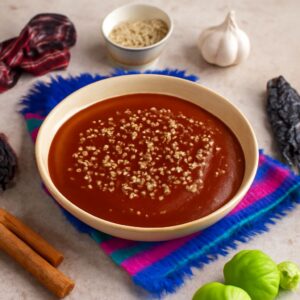 Mole poblano sauce and Chinese spicy garlic sauce