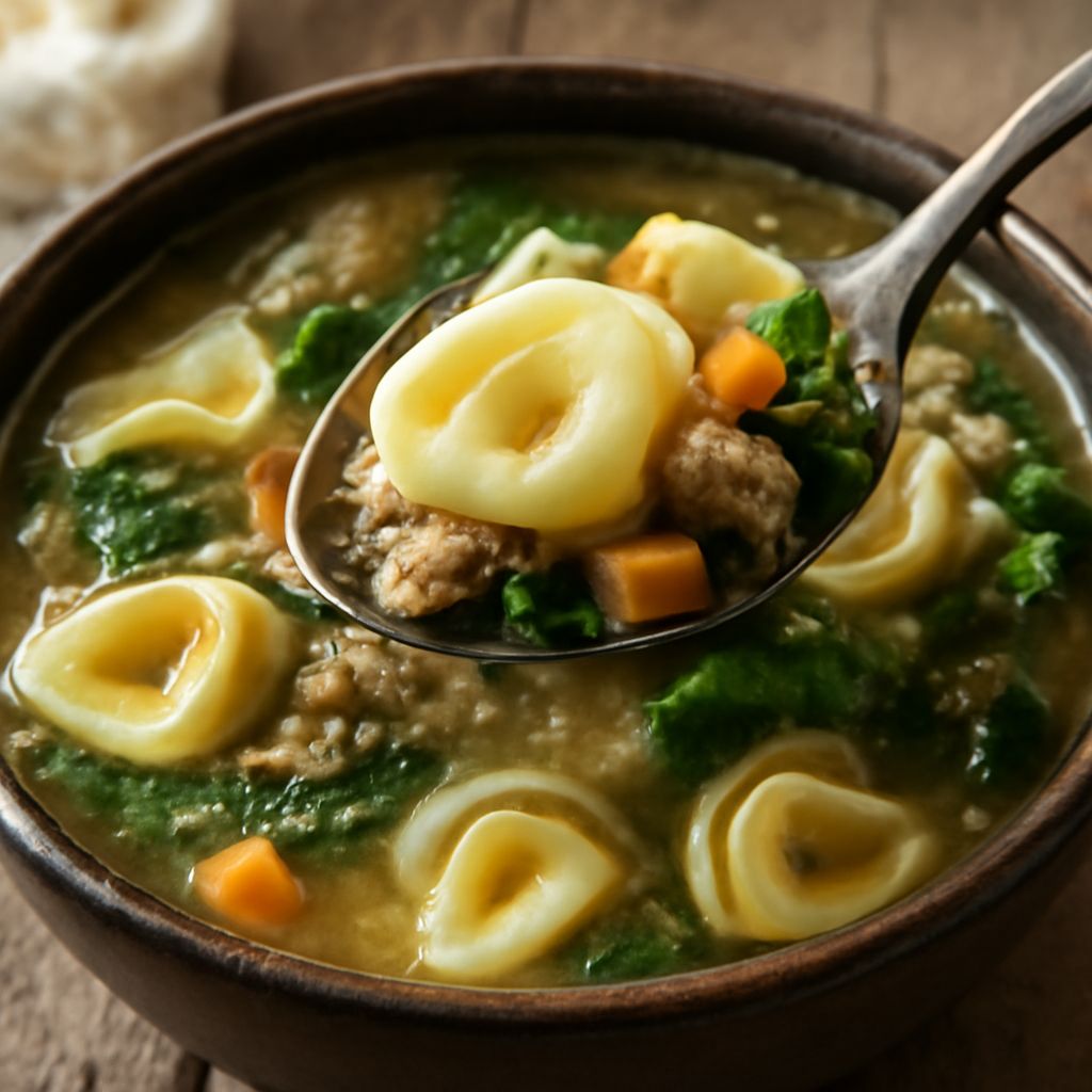 A bowl of rustic tortellini soup alongside cajun 15 bean soup