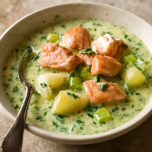 Finnish salmon soup with ginger and broiled salmon marinade