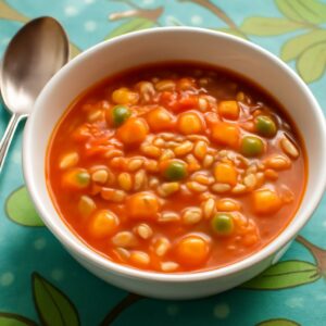 alphabet soup, spicy lentil soup, and miso ramen soup