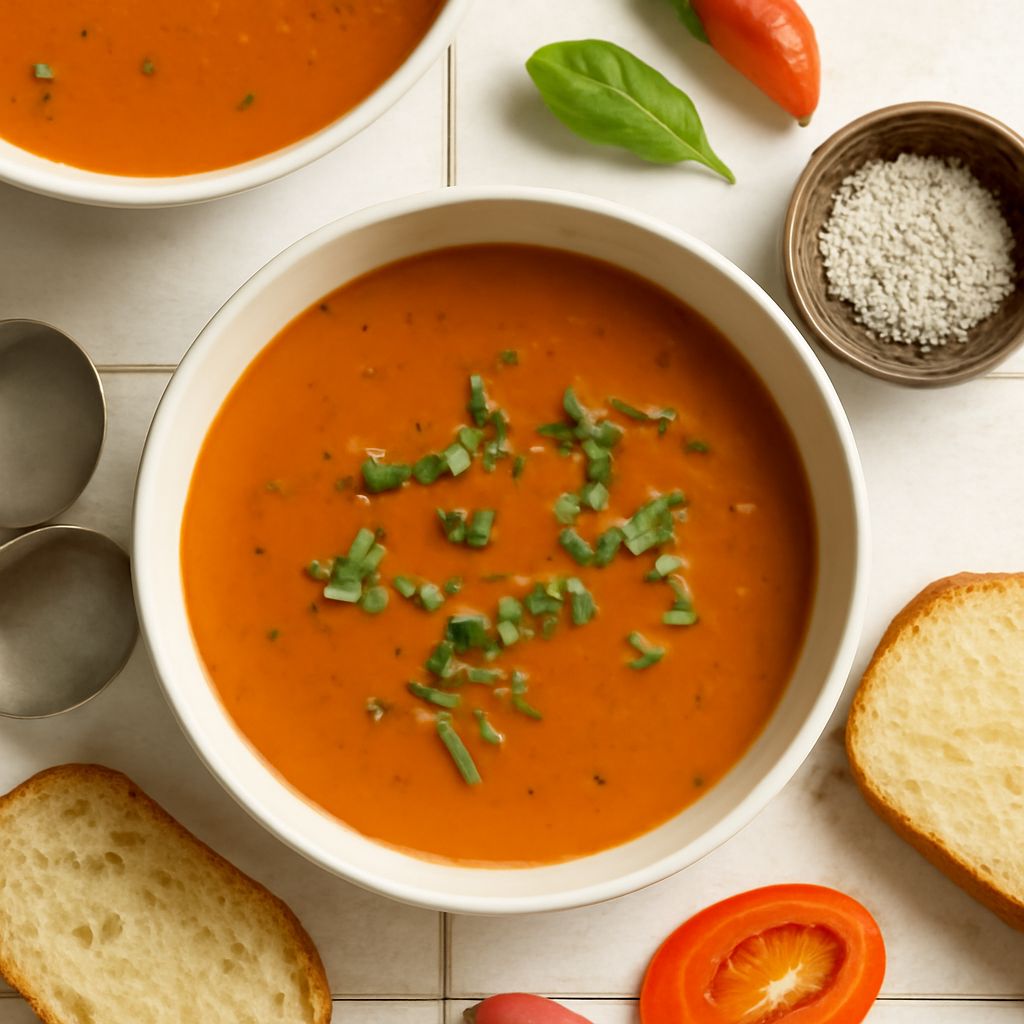 A bowl of tomato and roasted red pepper soup with fresh ingredients