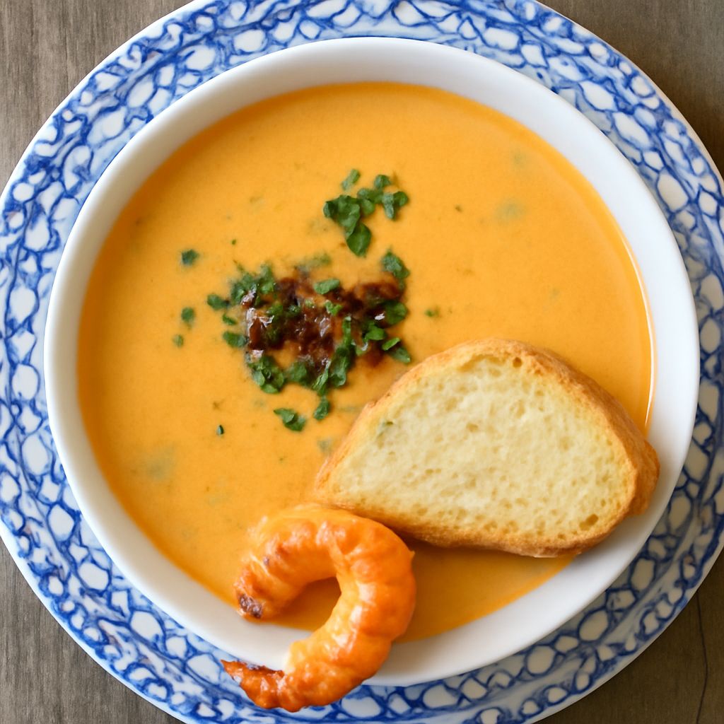 Shrimp bisque soup with boiled shrimp seasoning and shrimp fajita marinade