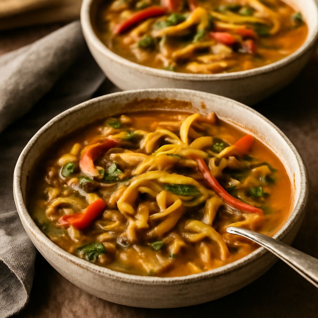 A bowl of Thai coconut curry soup with coconut milk and white wine chicken marinade