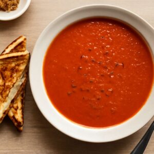 A bowl of healthy tomato soup with seasoning and pasta