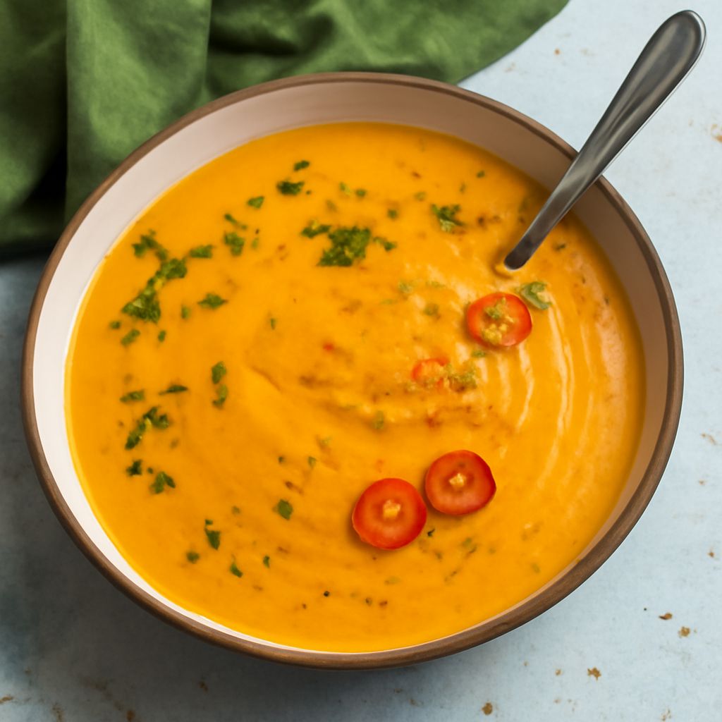 Roasted red pepper tomato soup with sweet and poblano peppers