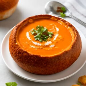 Delicious soup bread bowl and tomato bread soup