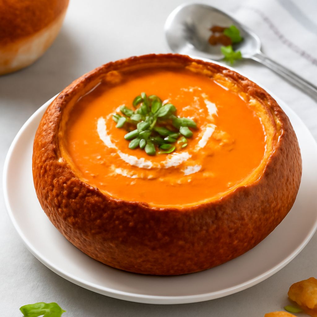 Delicious soup bread bowl and tomato bread soup