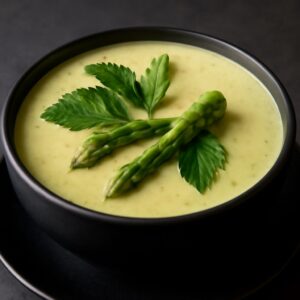 A bowl of white asparagus soup served in a white soup bowl with a white soup tureen nearby