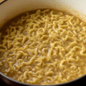Delicious beef and mushroom soup with ground beef and noodles