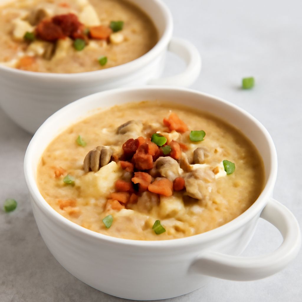 large soup pot with buffalo chicken and vegan potato soup