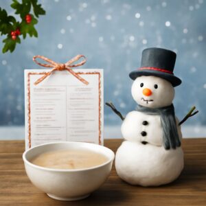 A cozy cup of snowman soup with a snowman soup recipe card