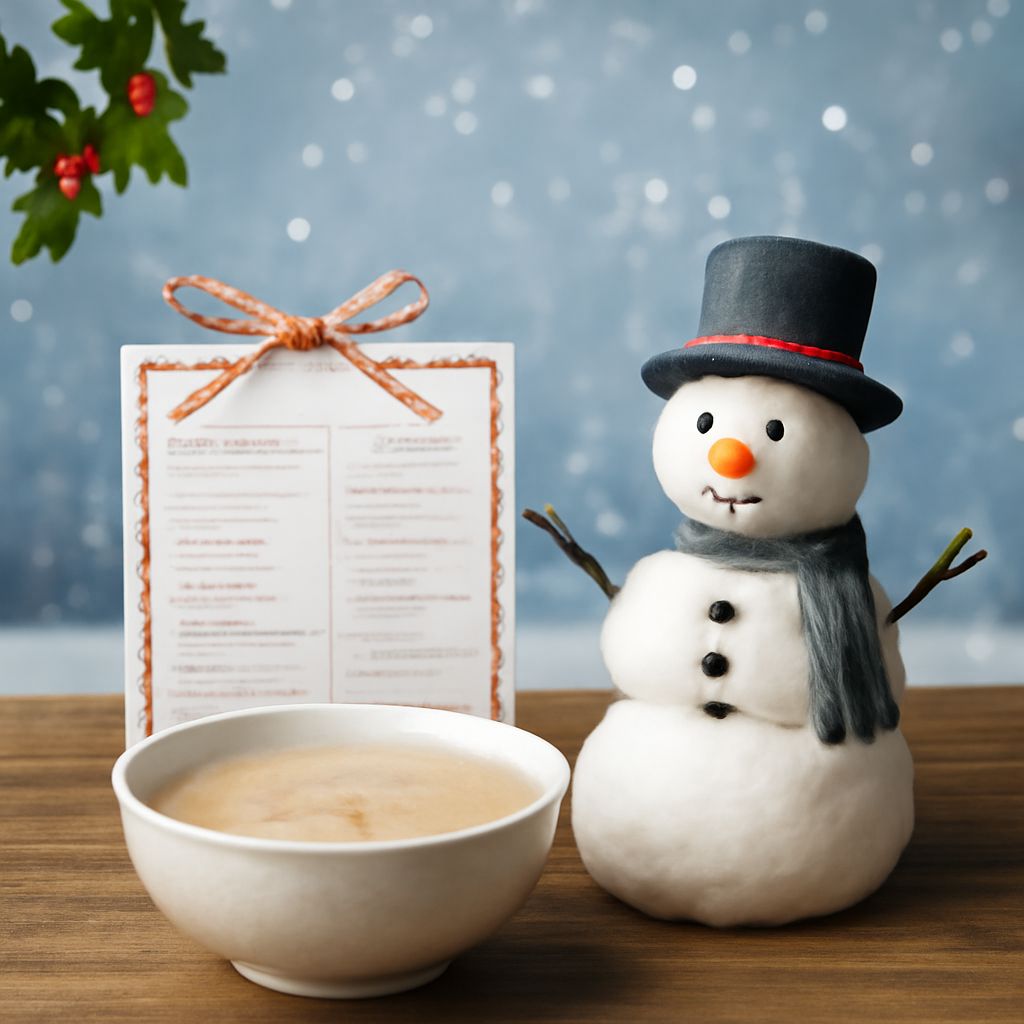 A cozy cup of snowman soup with a snowman soup recipe card