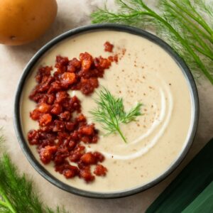 Vegan potato leek soup with healthy and bacon variations