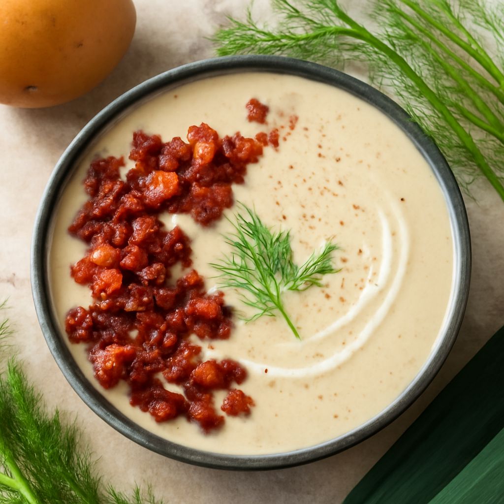 Vegan potato leek soup with healthy and bacon variations