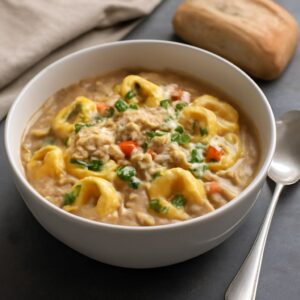 A bowl of chicken and white bean soup and chicken and tortellini soup