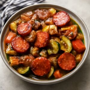 A delightful potato and sausage soup with andouille sausage.