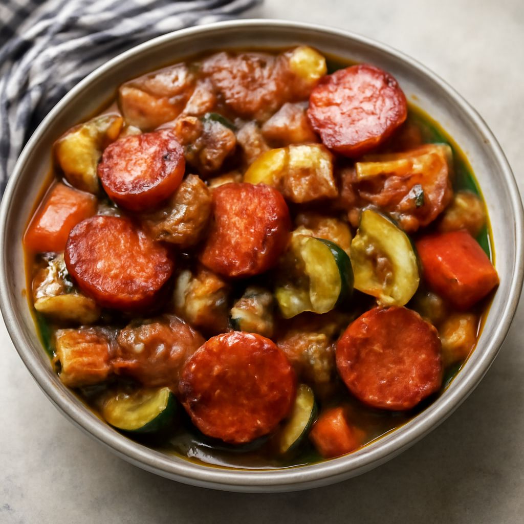 A delightful potato and sausage soup with andouille sausage.