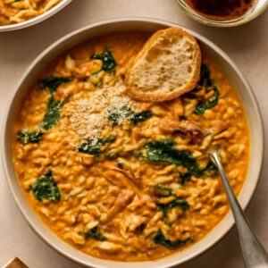 Creamy chicken orzo soup and italian orzo spinach soup