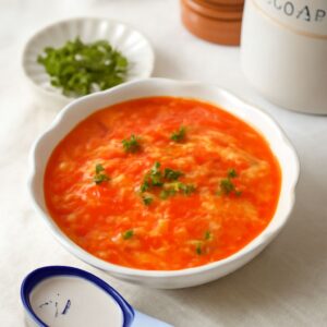 Tomato egg drop soup with noodles and spinach