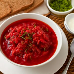 A bowl of borscht soup with essential borscht ingredients