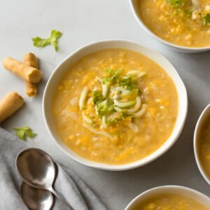 A bowl of chicken corn noodle soup with ingredients from Vietnamese chicken noodle soup