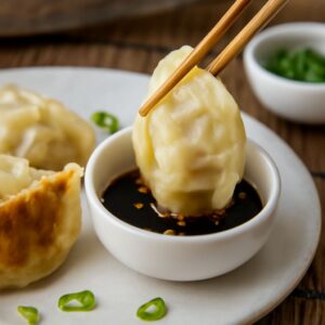 A bowl of gyoza soup with a hint of habanero sauce