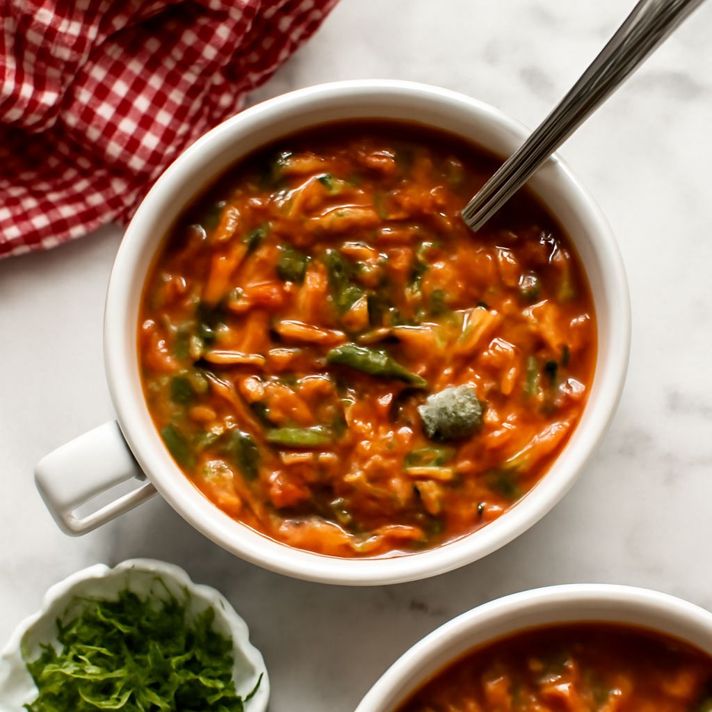 A bowl of Italian minestrone soup with fresh vegetables