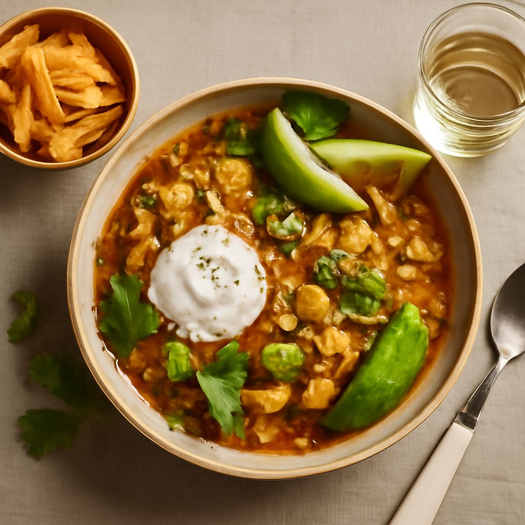 A bowl of white chicken chili with spices and chicken